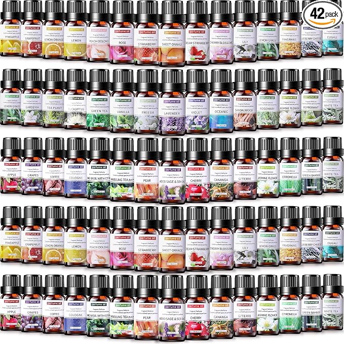 42 Pcs Essential Oil Set for Diffuser 10ml Sweet Orange Lavender Lemongrass Peppermint Eucalyptus Rose Each Fragrance Oil for Candle Making, Soap Making, Aromatherapy, Humidifiers (Classic)