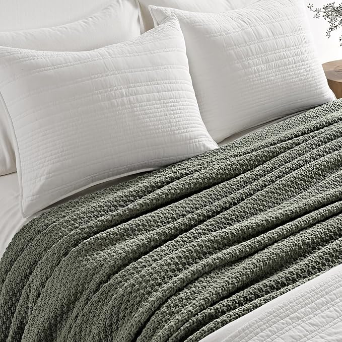 EVERGRACEHOME Chunky Chenille Knit Throw Blanket, 108x92, Dried Thyme Green | Sculpted Moss Stitch, Chic Modern Farmhouse, All-Season Warmth, OEKO-TEX® Certified, Oversized King for Couch, Bed, Sofa