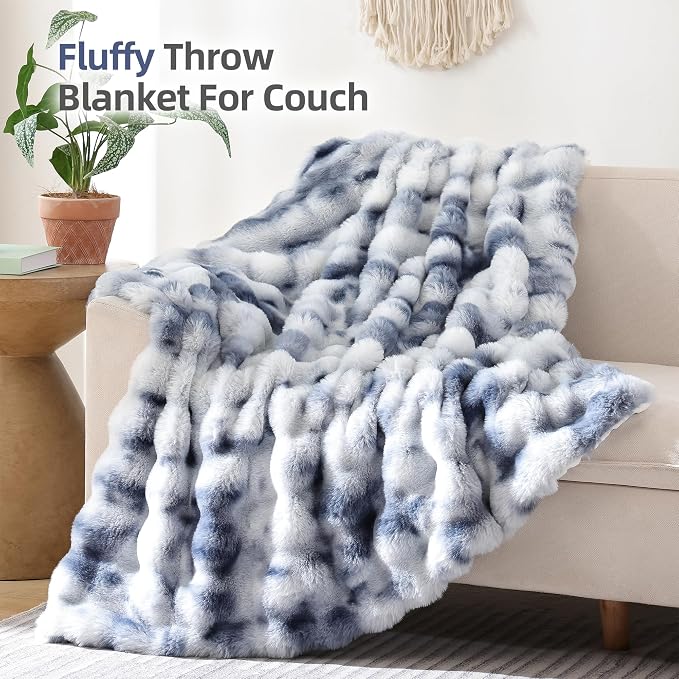 Faux Fur Throw for Couch - Tie-dye Blue Bubble Blanket 50"x60" | Fluffy Plush Fuzzy Throw for Sofa & Bed, Super Soft Cozy Comfrt Blanket, Luxury Aesthetic Blue Decor Gift for Women