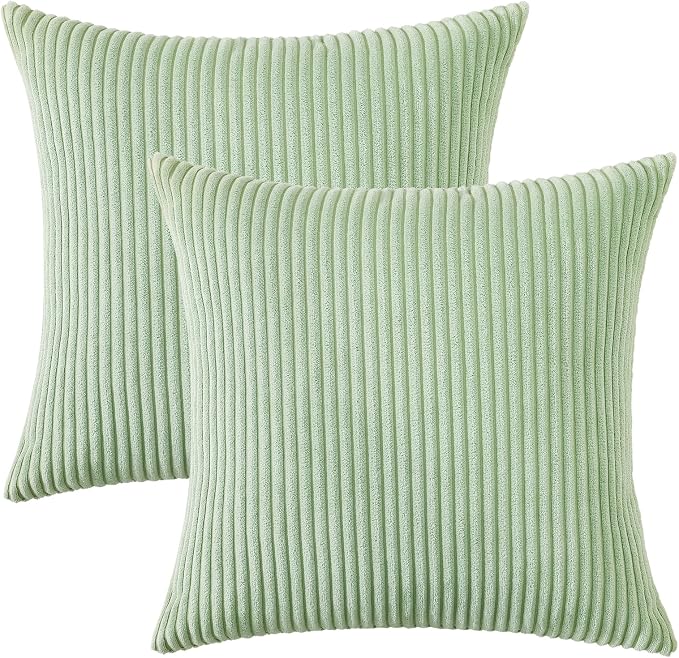Mecatny Corduroy Decorative Throw Pillow Covers 16x16 Set of 2 Sage Green | Soft Striped Texture, Hidden Zipper Design, Neutral Boho Square Pillow Cases for Sofa Couch Living Room Bedroom, Home Décor