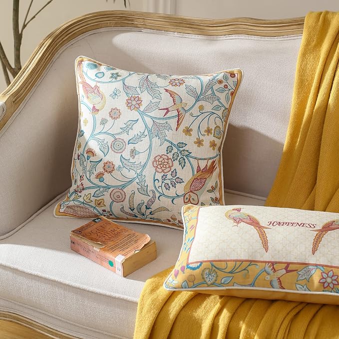 patdrea French Vintage Linen Throw Pillow Cover,18"x18"-Magnolia A | Decorative Pillow Case with Zipper,Yellow Floral Pattern,Cushion Coverfor Couch Living Room Bedroom Sofa