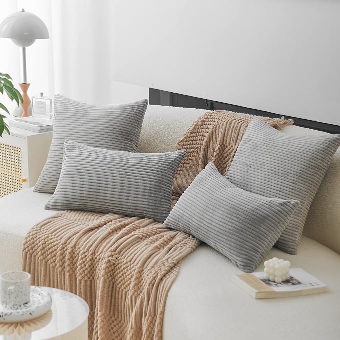 Home Brilliant Throw Pillow Cover 20x20 Soft Plush Striped Pillow Cover Neutral Grey Corduroy Pillow Case for Chair Living Room Furniture Decor, 20 x 20 inch (50cm), Light Grey