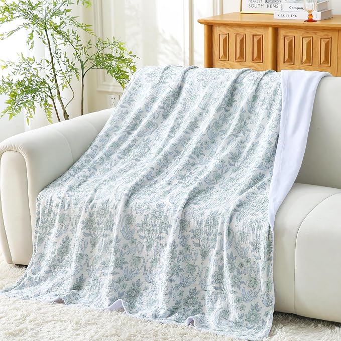 Viviland Cotton Muslin Blanket Reversible Fleece Blanket Lightweight Breathable Gauze Queen Size 90 x 90 Inches, Green Narcissus