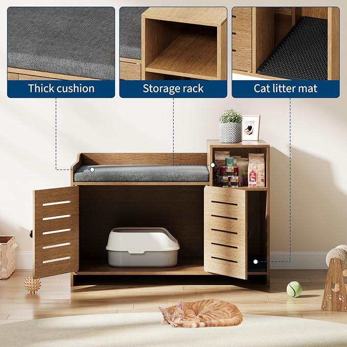 Cat Litter Box Enclosure Furniture, Large Hidden Litter Box Cabinet with Double Door, End Table Cat House with Storage Shelf, Modern Pet Furniture for Living Room, Oak