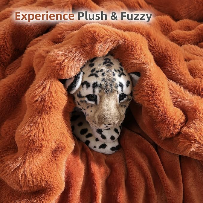 Faux Fur Fall Throw for Couch - Burnt Orange Bubble Blanket 60"x80" | Fluffy Plush Fuzzy Throw for Sofa & Bed, Super Soft Cozy Comfrt Blanket, Luxury Aesthetic Burnt Orange Decor Gift for Women