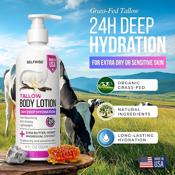 Beef Tallow Body Lotion with Magnesium & Shea Butter - Lightweight, Fast-Absorbing Body Cream with Avocado Oil & Vitamin E - Non-Greasy Moisturizer for Dry, Sensitive Skin - Daily Hydration, 4oz