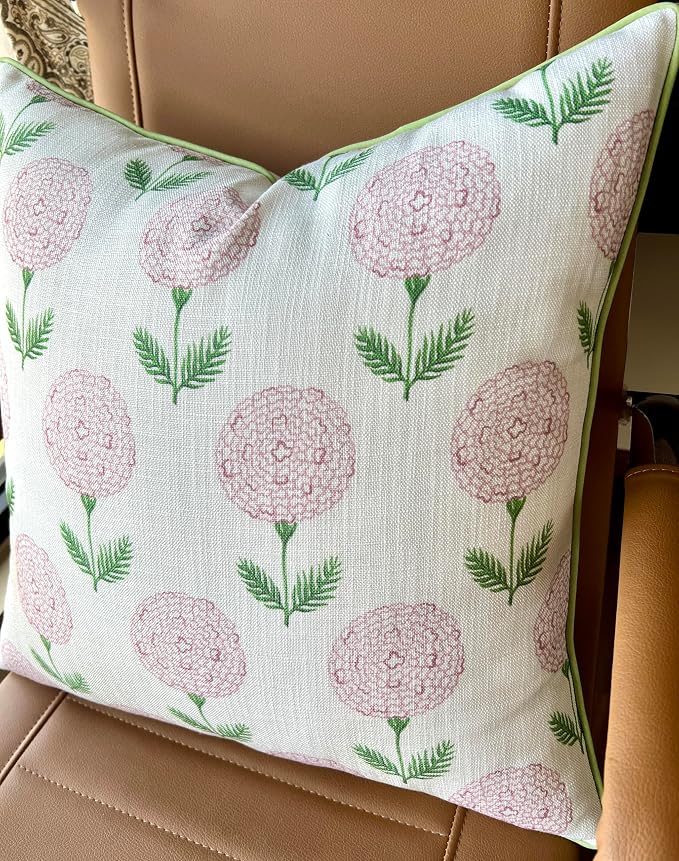 Marigold Floral Print 20x20 Throw Pillow Cover, Pink | Pink marigold floral on white slub, green piping; both sides printed; hidden zip; cover only