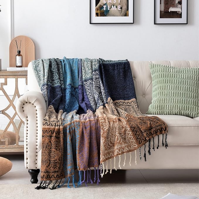Boho Chair Cover Colorful Chenille Tassels Hippie Throw Blanket for Couch Bed Sofa Recliner Loveseat, Blanket for Bohemian Living Room Decor Purple(60"*75")