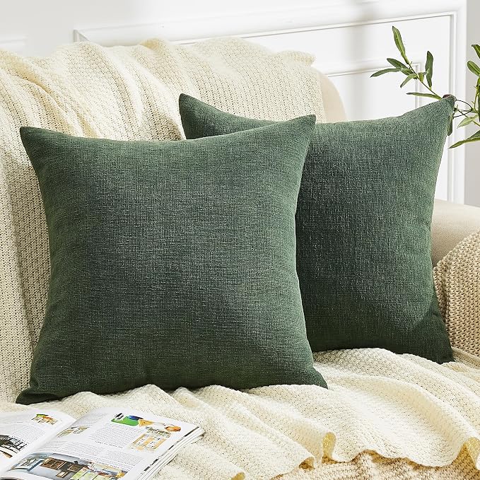 GAWAMAY Decorative Chenille Throw Pillow Covers 24"x24" Inch Pack of 2, Soft Square Couch Pillow Cover for Sofa Cushion Living Room Bedroom Solid Oversized Pillowcases Dark Green 60x60cm (ONLY COVERS)