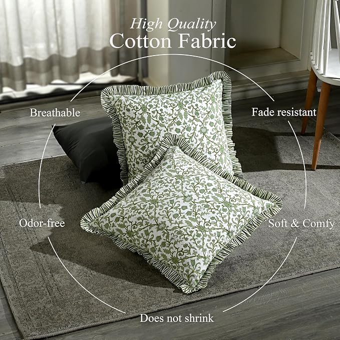 CPC Meadow Vine Hand Block Print 100% Cotton Ruffle Throw Pillow Cover 18x18 inch with Hidden Zipper Decorative for Couch, Bed, Sofa, Farmhouse, Cottagecore Decor Gift Christmas Fall Thanksgiving