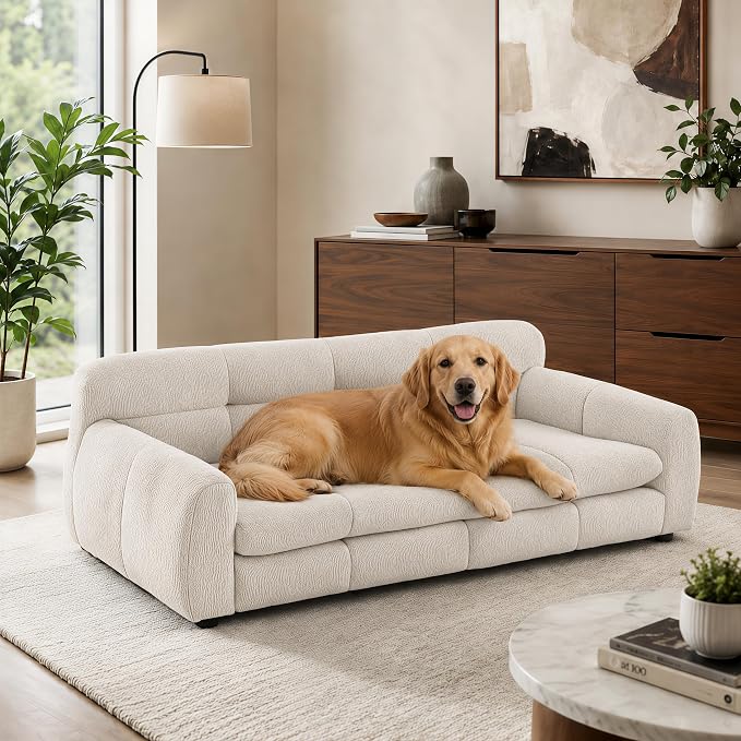 51"×28" Large Dog Sofa, for Large & Extra Large Dogs | Detachable Cushion | Reinforced Low Base|Non-Sagging |Breathable Linen Fabric | Soft Cushion | Armrest & Backrest |Beige