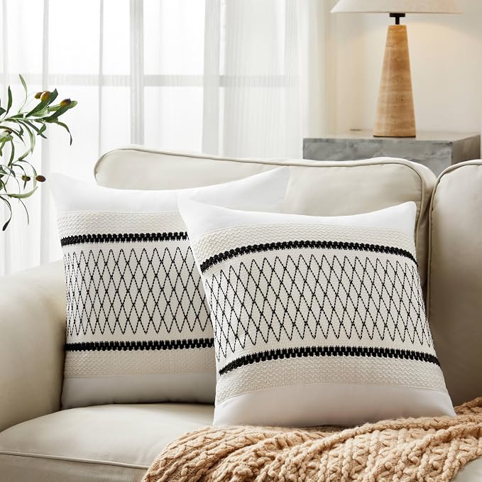 2pk Boho Pillow Covers 16x16, Natural White/Grid/Black | 100% Organic Cotton Body, Stripe Embroidery, Farmhouse Decorative Cushion Covers for Sofa Bed Living Room Home Decor