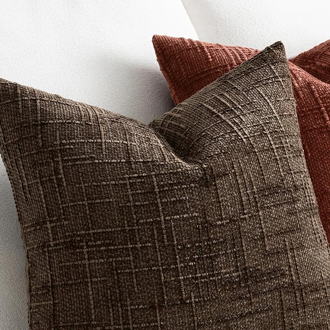 MIULEE Chenille Textured Throw Pillow Covers Reddish Brown 20x20 Set of 2 | Slubby Decorative Pillows, Boho Farmhouse Fall Home Decor, Modern Neutral Cushion Covers for Couch Sofa Bed Living Room