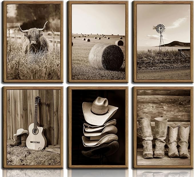 6Pcs Vintage Western Cowboy Wall Art, Highland Cattle Prints, 10" L x 8" W | Rustic Farmhouse Canvas Posters, Country Western Style Wall Decor for Bedroom and Kitchen, Unframed