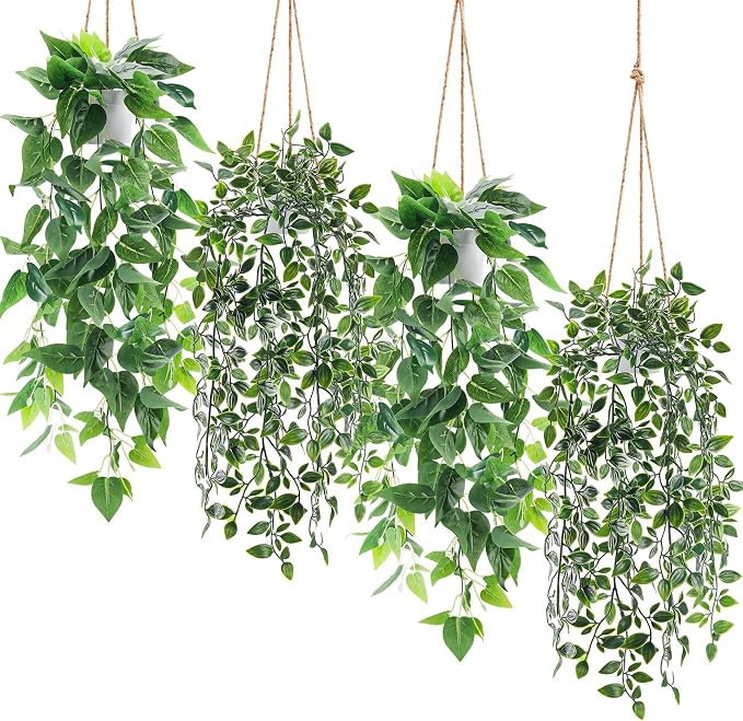 Der Rose 4Pcs Artificial Hanging Plants Fake Vines for Wall Shelf Decor | Fake hanging plant set with white pots, 2 plant styles and 2 of each for shower plants, bathroom walls and bedroom shelves