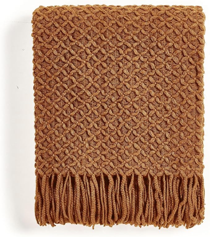 CREVENT Farmhouse Boho Knitted Throw Blanket for Couch Sofa Chair Bed Home Decoration, Soft Warm Cozy Light Weight for Spring Summer Fall (60''X80'' Caramel/Rust Burnt Orange)