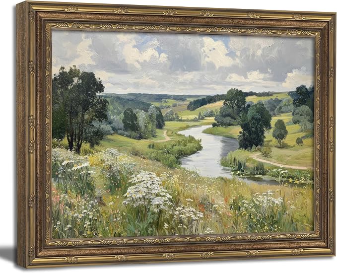 Gold Framed Wall Art Vintage Countryside River Wall Art Rustic Nature Wildflower Meadow Landscape Wall Decor Picture Farmhouses Country Cottage Poster Print Artwork for Living Room Bedroom 9x11in