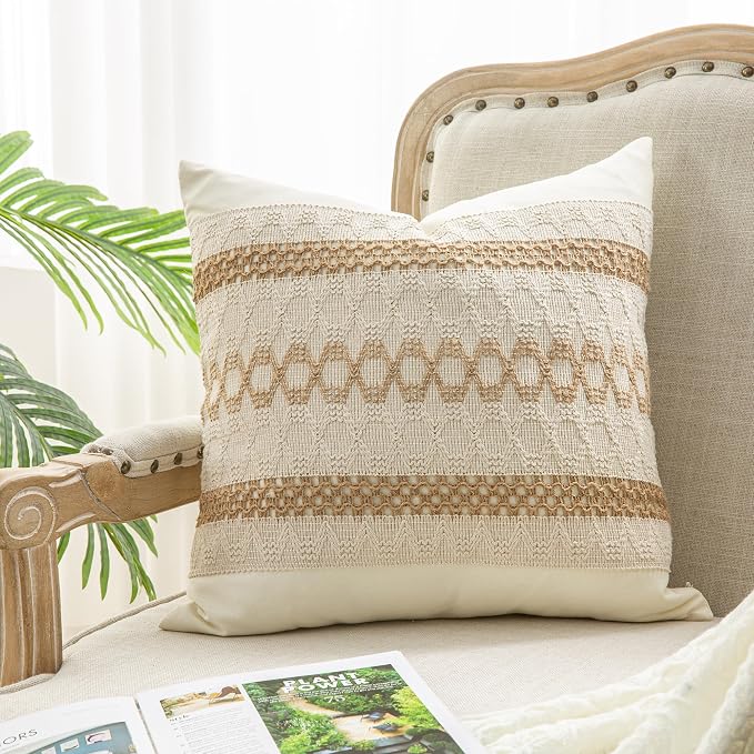 Throw Pillow Covers 16 x 16 Inch 1PC for Farmhouse Living Room, Cotton & Burlap Textured Striped Woven Boho Pillow Covers (Beige & Brown, Triple Striped)