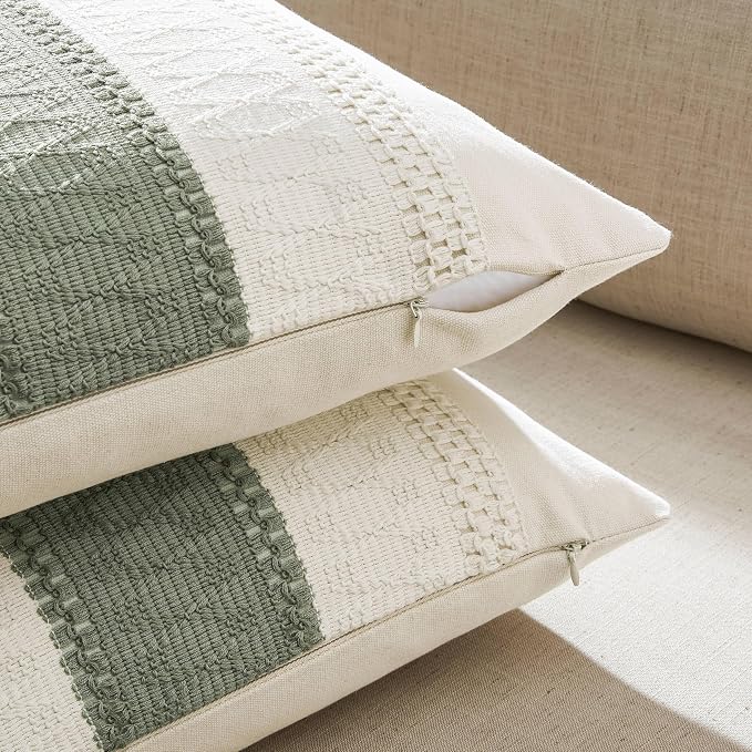 2 Pack Boho Throw Pillow Covers, Contrast Green 24x24in | Soft Breathable Cotton, Farmhouse Decorative Couch Pillow Cases, Cushion Covers for Sofa Bed Living Room Home Decor