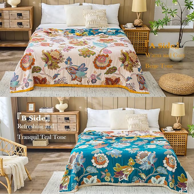 XIBLC Boho Throw Blanket 100% Cotton Vintage Blanket Muslin Woven Flower Decorative Throw Blankets All Season Bohemian Rustic Farmhouse Decor Quilt for Bed (Beige 50"x60")