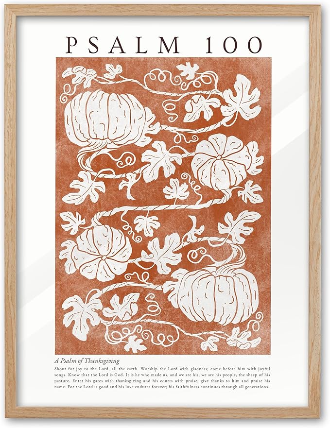 EcoHest 16x20in Psalm 100 Pumpkin Thanksgiving Botanical Christian Wall Art | Solid Oak Wood Frame with Canvas Wall Art, Fall Scripture Bible Verse Decor for Bedroom, Living Room, Office, Church, 1Pack