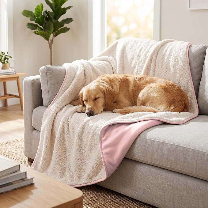 Waterproof Blanket for Dogs - Pet Throw as Furniture Protector | Cozy Sherpa & Smooth Velvet, Reversible and Machine Washable, for Couch, Bed, or Travel, 50"x60", Pink