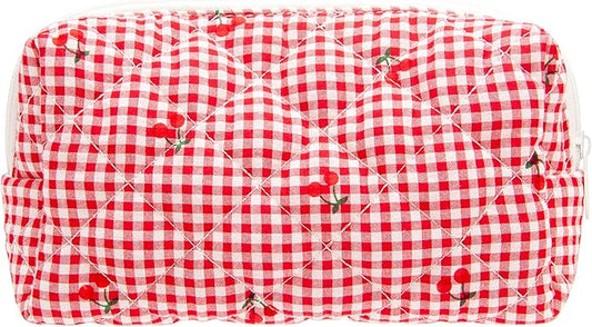 PAZIMIIK Small Quilted Makeup Bag,Zipper Cosmetic Pouch,Gingham Red Cherry | Lightweight Cosmetic Bag Organizer for Women,Purse Storage Holds Makeup,Toiletries,Skincare,Beauty Essentials,Travel Items