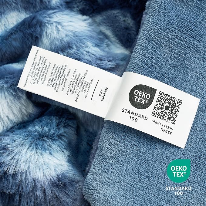 Cozy Bliss Deluxe Striped Rabbit Faux Fur Throw Blanket, Soft Fluffy Warm Plush Blanket for Winter, Modern Homr Decor, Tie-dye Blue 60"x80"