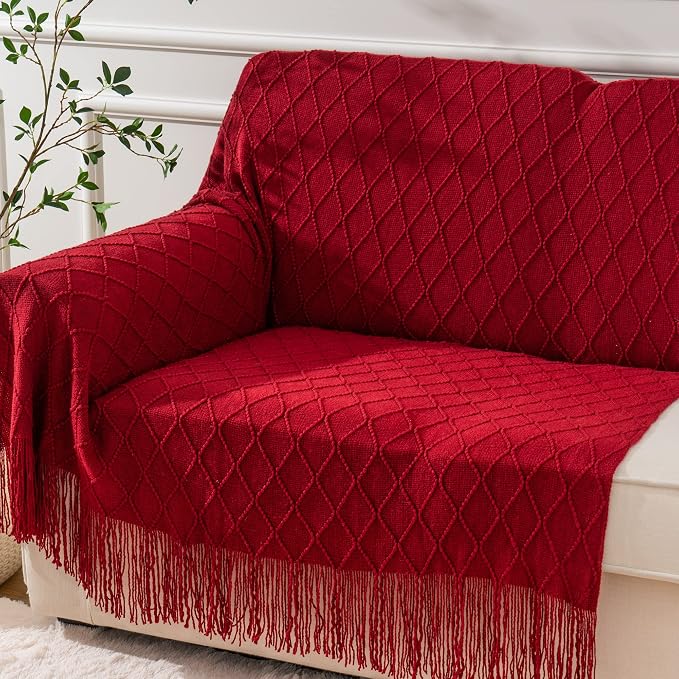 BATTILO HOME Christmas Decor Red Throw Blanket for Couch, Boho Bed Throws for Foot of Bed, Decorative Red Throws for Sofa Living Room, 50"x60" | Boho Throw Blanket for Foot of Bed, Decorative Knit Red Throw for Sofa Living Room