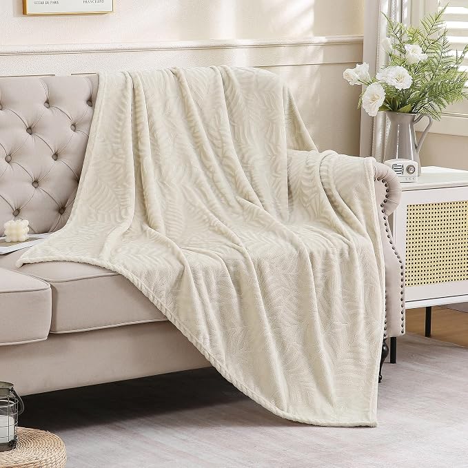 Super Soft Flannel Fleece Throw Blanket, 50 x 60 Inches, Linen | Lightweight Cozy Warm Leaves Textured Plush Blanket for Bed Couch Sofa