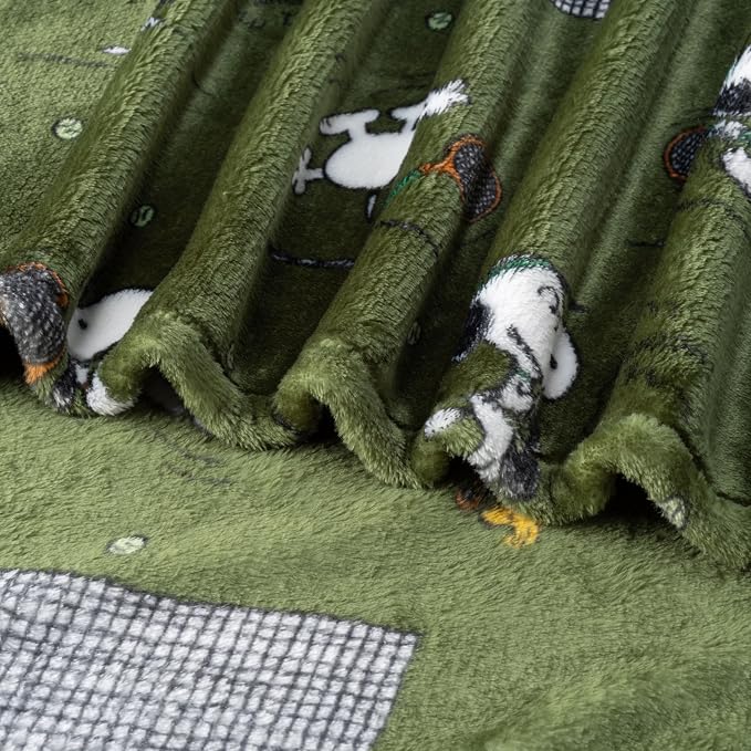 Berkshire Blanket Peanuts® VelvetLoft® Cute Character Snoopy Plush Oversized Throw Blanket, Peanuts Snoopy the Tennis Star Olive Green (50in x 60in)