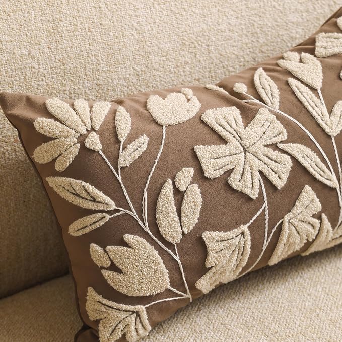 20x20 Throw Pillow Cover, Square Brown Decorative Cushion Cover for Couch Sofa, Embroidered Velvet Farmhouse Accent Pillowcase (Cover Only)