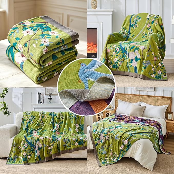 Boho Throw Blanket Farmhouse Decor Throw Blanket Bohemian Blanket for Bed 100% Cotton Muslin Woven Couch Blanket All Seasons Quilt Bedroom (I-Green, 50"x60")