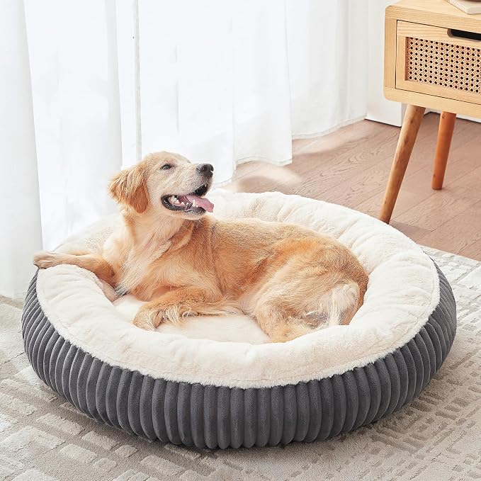 36 inches Calming Donut Dog Bed for Large Dogs,Charcoal | Round Pet Bed with Removable&Washable Cover,Milk Plush Faux Fur, Fits Pets up to 80 lbs