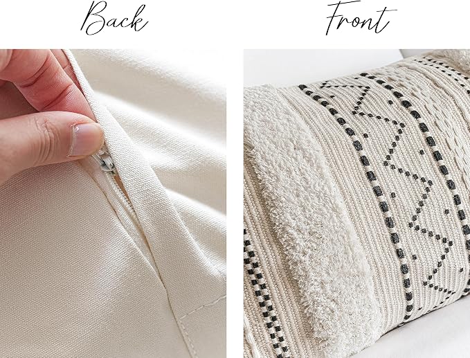 14x36 Lumbar Pillow Cover for Bed, Rectangular Long Decorative Throw Pillowcase, Boho Accent Cushion with Black Tufted Pattern and Tassels, Cream Neutral (Cover Only)