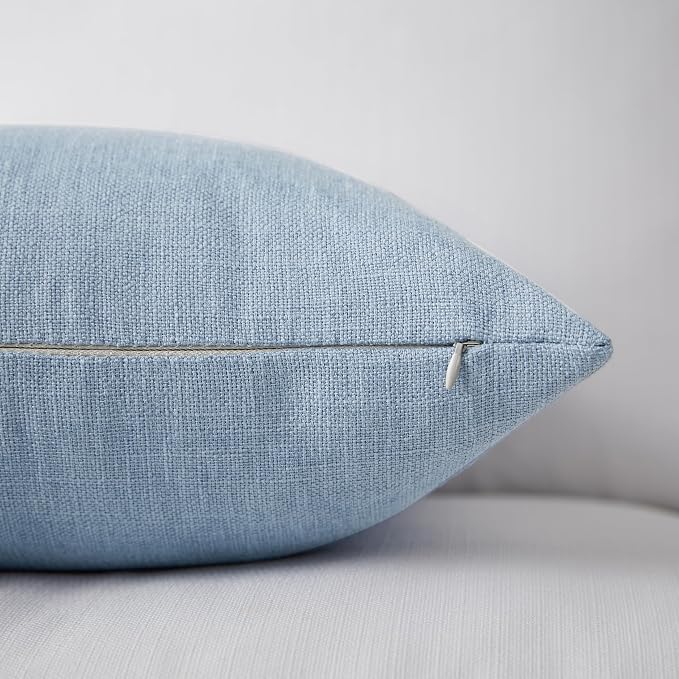 Meekio Set of 2 Sky Blue Throw Pillow Covers 18x18, Coastal Linen Blend Decorative Pillow Covers for Couch Sofa Bed, Beach House Farmhouse Decor