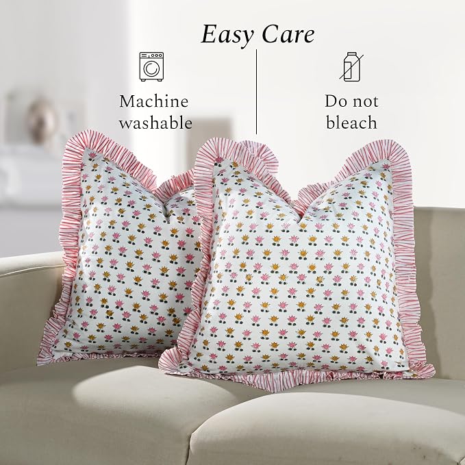 CPC Rosette Bloom Hand Block Print 100% Cotton Ruffle Throw Pillow Cover 20x20 inch with Hidden Zipper Decorative for Couch, Bed, Sofa, Farmhouse, Cottagecore Decor Gift Christmas Fall Thanksgiving