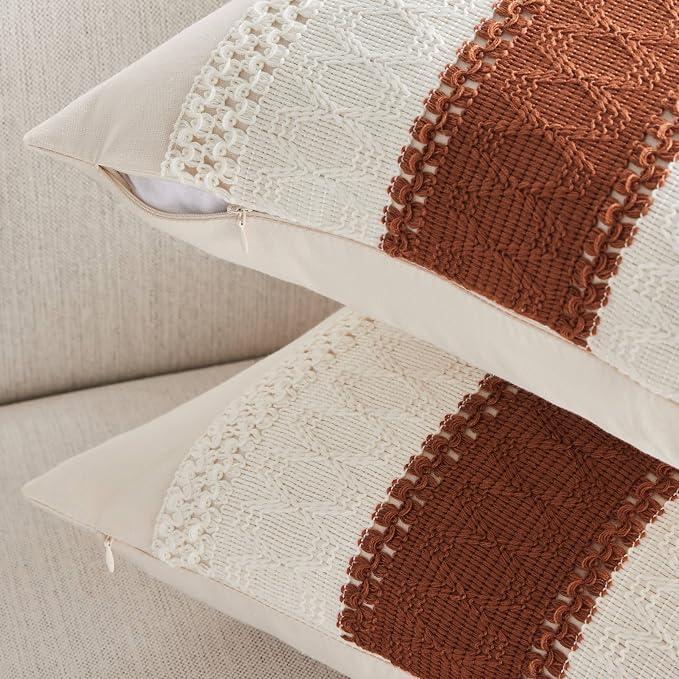 2 Pack Boho Throw Pillow Covers, Contrast Terracota 24x24in | Soft Breathable Cotton, Farmhouse Decorative Couch Pillow Cases, Cushion Covers for Sofa Bed Living Room Home Decor