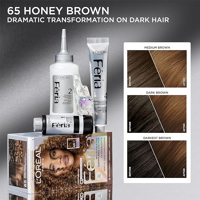 L’Oreal Paris Feria Multi-Faceted Shimmering Permanent Hair Color, High Intensity Hair Dye for 3X Highlights, 65 Honey Brown (Richest Caramel Brown), 1 Hair Dye Kit