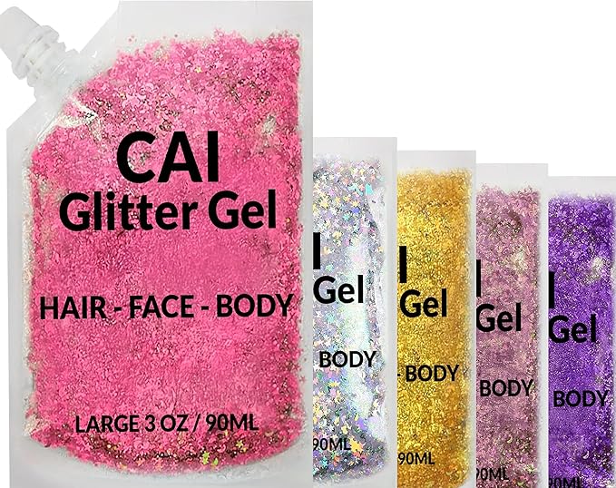 Face, Body & Hair Glitter Gel – Halloween Glitter for Kids and Women – 3 Oz Cosmetic-Grade Gel w/Moon & Stars for Festivals & Halloween Party, Easy Apply & Wash Off - Unicorn 5Pack