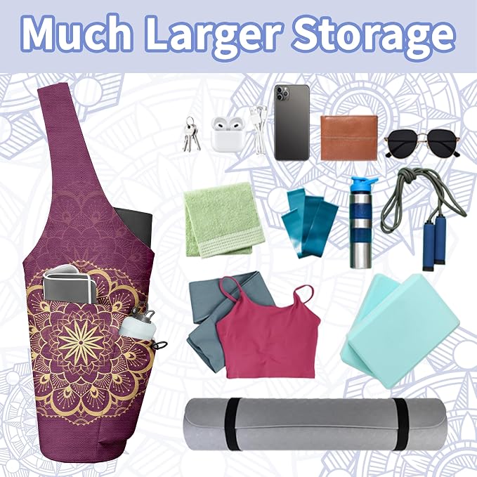 Yoga Bag for Women, Large Yoga Mat Bag Tote Carrier with Wet Dry Pocket, Water Bottle Holder & Adjustable Strap, Fits 1/2" Thick Yoga Mat for Gym, Pilates, Travel, Work