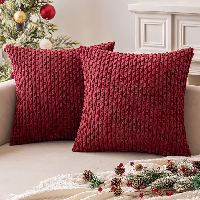 MIULEE Decorative Throw Pillow Covers 20x20 Burgundy Textured Corduroy | Pack of 2 Striped Pillow Covers Modern Farmhouse Home Decor for Couch Bed Sofa Living Room