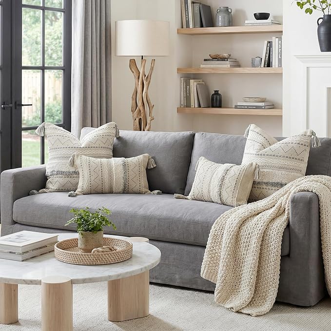 Gray Decorative Throw Pillow Covers 20x20 Combo Set of 2 Square Boho Neutral Grey Accent Pillowcase Tassels Farmhouse Cushion for Couch Sofa Bedroom Living Room Home Décor Cover ONLY