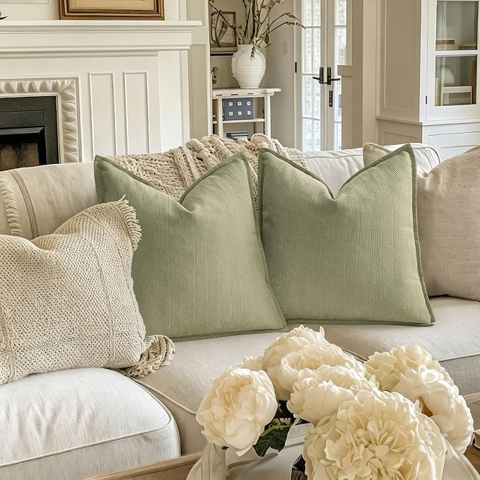 Sage Green Pillow Covers 20x20 Set of 2 Chenille Throw Pillow Covers with Elegant Design Soft and Luxurious Decorative Throw Pillows for Couch, Bed, and Home Decor