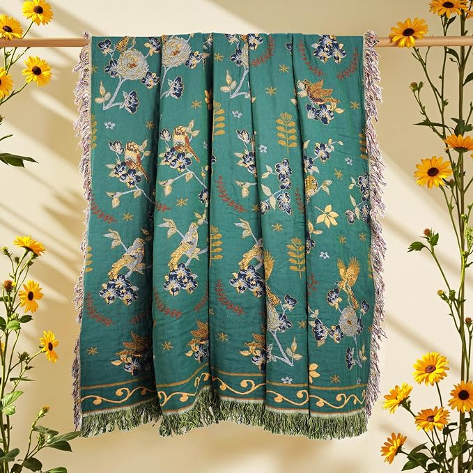 VANJOROY Boho 100% Cotton Large Throw Blanket - All Season Rustic Ultra Soft Breathable Floral Bird King Blanket for Bed Sofa Couch Chair Bedspread Quilt Gift, 91" x 98"-Teal/Beige