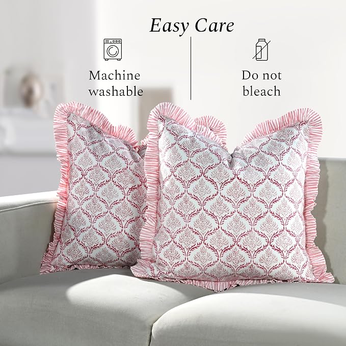 CPC Blush Rose Hand Block Print 100% Cotton Ruffle Throw Pillow Cover 24x24 inch with Hidden Zipper Decorative for Couch, Bed, Sofa, Farmhouse, Cottagecore Decor Gift Christmas Fall Thanksgiving