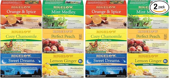 Bigelow Tea Caffeine Free 6 Flavor Herbal TeaVariety Pack, DecafTea with Mint Medley, Cozy Chamomile, Orange and Spice, Sweet Dreams, Perfect Peach, and Lemon Ginger, 118 Count (Pack of 12)