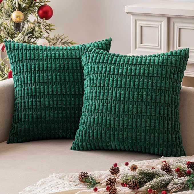 MIULEE Corduroy Decorative Throw Pillow Covers 16x16 Dark Green Pack of 2 | Soft Boho Striped Pillow Covers Modern Farmhouse Home Decor For Sofa Living Room Couch Bed