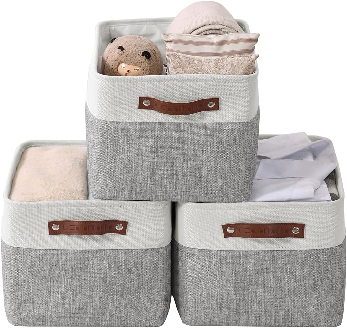 DECOMOMO Storage Bins, Extra Large Fabric Storage Baskets for Shelves 3Pack | 15.8 x 12.5 x 10 inches Decorative Linen Closet Organizers (Grey & White)