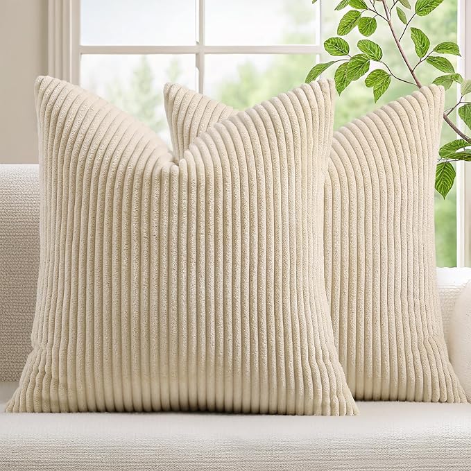 Mecatny Corduroy Fall Decorative Throw Pillow Covers 24x24 Set of 2 Beige | Soft Striped Texture, Hidden Zipper Design, Neutral Boho Square Pillow Cases for Sofa Couch Living Room Bedroom, Home Décor